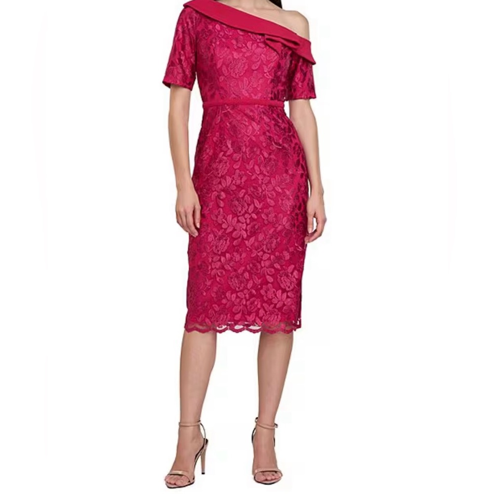 JS Collections Floral Embroidered Mesh Asymmetrical Crepe One Shoulder Dress